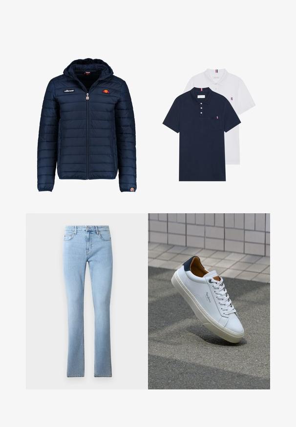 Námořnická modrá péřová bunda s kapucí, zipovým zapínáním, prošívaným vzorem a logem na hrudi a rukávu. Měkká, texturovaná látka.; Dvě polo trička: jedno námořnické modré a jedno bílé, obě s malým červeným, bílým a modrým akcentem na kapse a límci.; Světle modré džínové kalhoty s rozšířenými nohavicemi a středním pasem, pěti kapsami a kontrastním švem. Hladká textura s klasickým střihem.; Bílé kožené tenisky s námořnickým podpatkem, kulatou špičkou a kontrastními hnědými detaily. Obsahují ploché tkaničky a texturovanou gumovou podrážku.