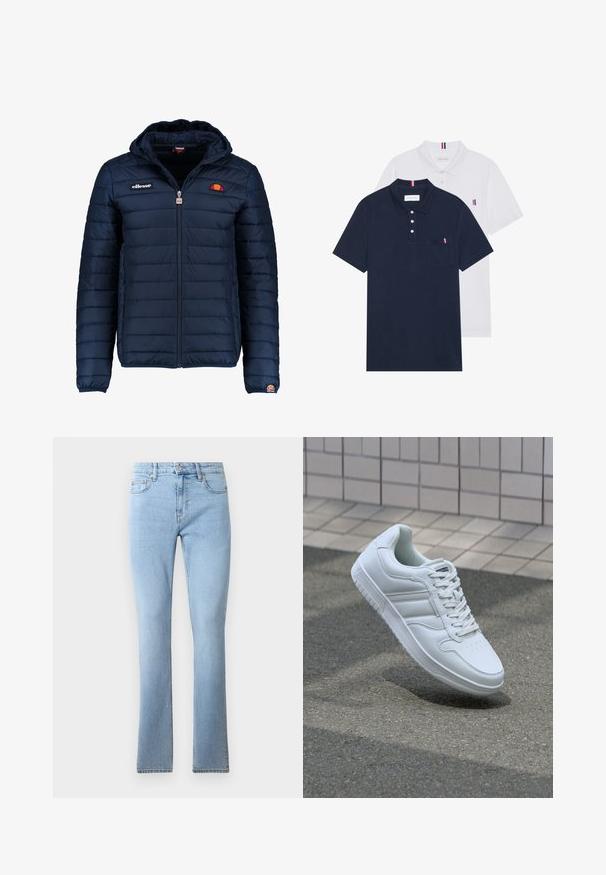 Marineblauwe gewatteerde jas met een capuchon, ritsluiting, kanalenstiksel en logoaccenten op de borst en mouw. Zachte, gestructureerde stof.; Twee polo shirts: één marineblauw en één wit, beide met een kleine rood, wit en blauwe accent op de borstzak en kraag.; Lichtblauwe denim flared jeans met een middelhoge taille, vijf zakken en contrasterende stiksels. Soepele textuur met een klassieke pasvorm.; Witte sportsneaker met een glad leren bovenwerk, vetersluiting aan de voorkant, geperforeerde neus en een geprofileerde zool. Minimalistisch ontwerp met drie zijstrepen.