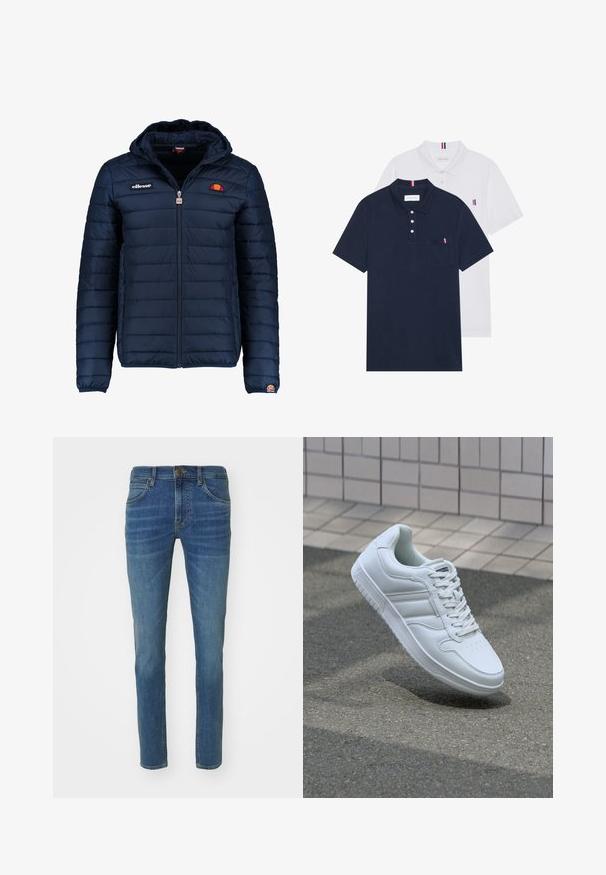 Temno modra napihnjena jakna s kapuco, z zadrgo, kanalnim šivom in logotipom na prsih in rokavu. Mehka, teksturirana tkanina.; Dve polo majice: ena mornarsko modra in ena bela, obe z majhnim rdečim, belim in modrim poudarjanjem na žepu in ovratniku.; Svetlo modri kavbojke z ozkim krojem, petimi žepi in subtilnim bledenjem na sprednji strani. Kovinski gumb in zadrga za zapiranje.; Bela atletska teniska obutev z gladkim usnjenim zgornjim delom, vezanjem spredaj, perforiranim prstom in vzorčastim podplatom. Minimalistična zasnova s tremi stranskimi črtami.