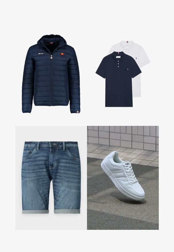 Marineblauwe gewatteerde jas met een capuchon, ritsluiting, kanalenstiksel en logoaccenten op de borst en mouw. Zachte, gestructureerde stof.; Twee polo shirts: één marineblauw en één wit, beide met een kleine rood, wit en blauwe accent op de borstzak en kraag.; Denim shorts in donkerblauw met een subtiele vervaagde was. Kenmerkt zich door omgeslagen zoom, vijf zakken en een knoopsluiting aan de voorkant.; Witte sportsneaker met een glad leren bovenwerk, vetersluiting aan de voorkant, geperforeerde neus en een geprofileerde zool. Minimalistisch ontwerp met drie zijstrepen.