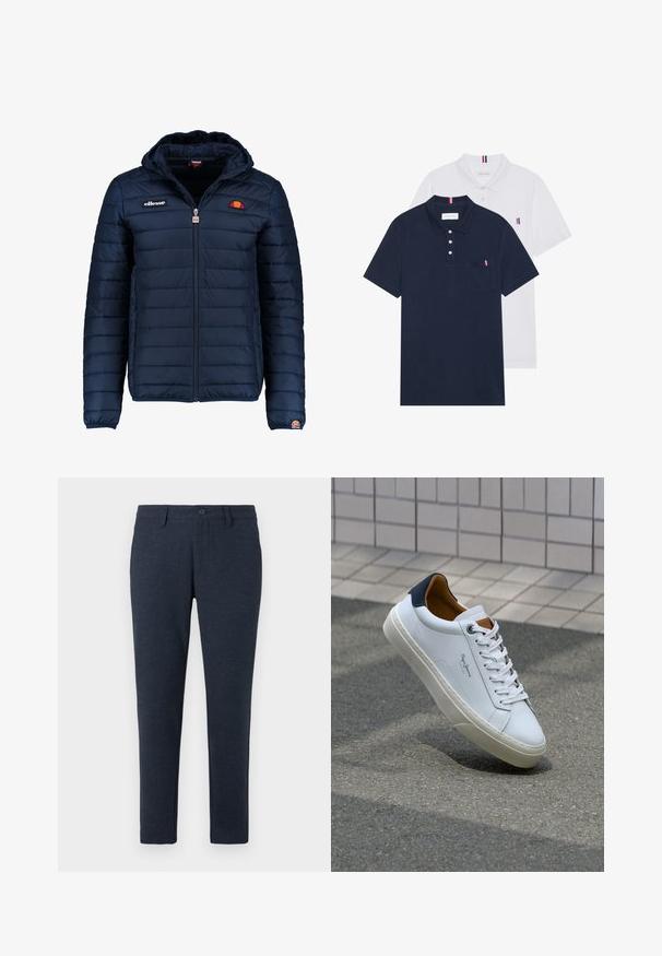 Navy blue puffer jacket with a hood, zip closure, channel stitching, and logo accents on the chest and sleeve. Soft, textured fabric.; Two polo shirts: one navy blue and one white, both with a small red, white, and blue accent on the chest pocket and collar.; Dark navy slim-fit pants with belt loops, front button, and front pockets, displayed on a white background.; White leather sneaker with a navy heel, round toe, and contrasting brown accents. Features flat laces and textured rubber sole.