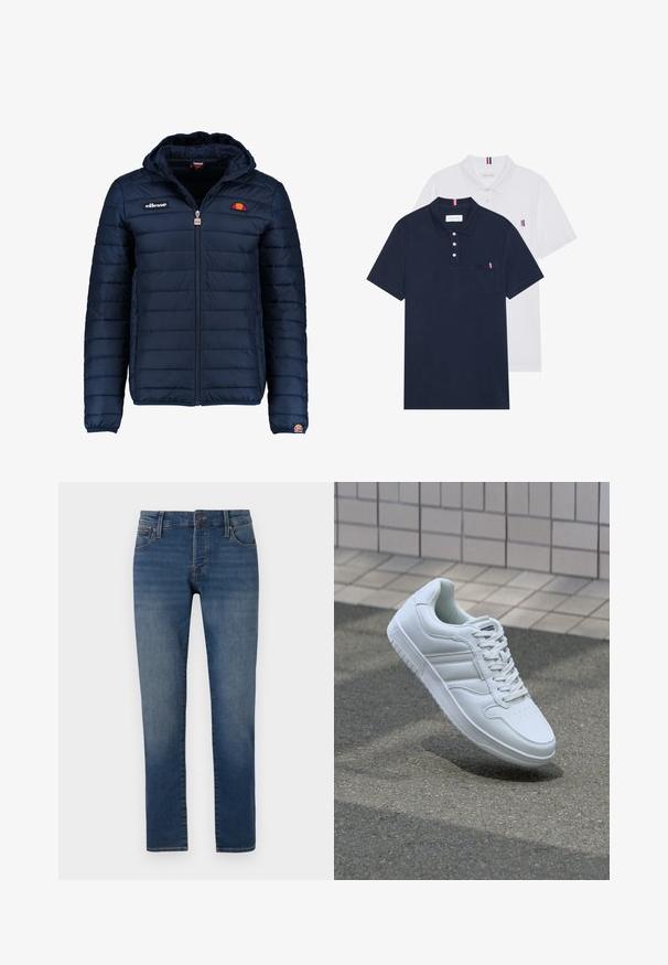 Chaqueta acolchada azul marino con capucha, cierre de cremallera, costuras en canales y acentos de logo en el pecho y la manga. Tejido suave y texturizado.; Dos camisetas polo: una de color azul marino y otra blanca, ambas con un pequeño acento en rojo, blanco y azul en el bolsillo del pecho y el cuello.; Vaqueros ajustados de color azul con un ligero desgastado en los muslos, diseño de cinco bolsillos, cierre de botón y corte recto sobre un fondo blanco.; Zapatilla atlética blanca con parte superior de cuero suave, cierre de cordones en el frente, puntera perforada y suela con patrón. Diseño minimalista con tres rayas laterales.