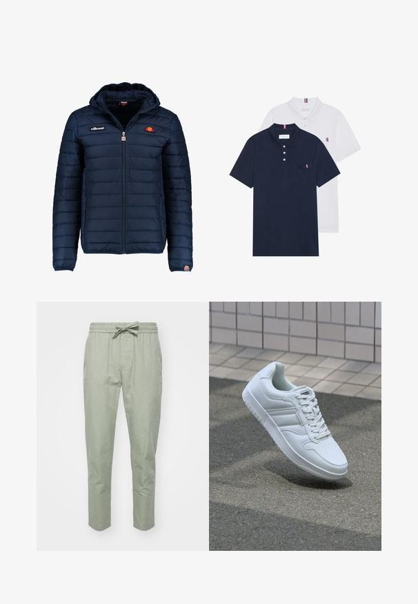 Mørkeblå puffjakke med hætte, lynlåslukning, kanalstyret syning og logo-detaljer på brystet og ærmet. Blødt, struktureret stof.; To polo skjorter: en marineblå og en hvid, begge med en lille rød, hvid og blå detalje på brystlommen og kraven.; Lysegrønne, tætsiddende bukser med elastisk talje og justerbar snor; lavet af blødt, tekstureret stof for komfort.; Hvide atletiske sneakers med glat læderoverdel, snørelukning foran, perforeret tå og mønstret sål. Minimalistisk design med tre sidelister.