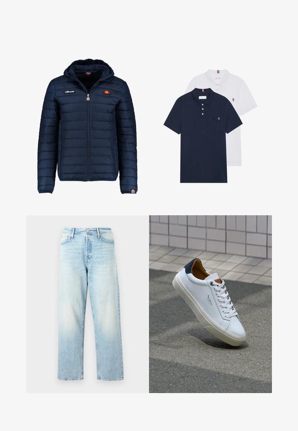 Tummansininen puhvitakki, jossa on huppu, vetoketjukiinnitys, kanavapistoilu ja logoteemaiset yksityiskohdat rinnassa ja hihassa. Pehmeä, teksturoitu kangas.; Kaksi polo-paitaa: yksi tummansininen ja yksi valkoinen, molemmissa pieni punainen, valkoinen ja sininen yksityiskohta rintataskussa ja kauluksessa.; Vaaleansininen farkkuhousu, jossa on suora lahje, haalistunut pinta ja näkyvät saumat. Klassinen nappi- ja vetoketjusuljenta.; Valkoinen nahkakenkä, jossa on tummansininen kantapää, pyöreä kärki ja ristikkäiset ruskeat korostukset. Varustettu tasapaksuilla nauhoilla ja teksturoidulla kumipohjalla.