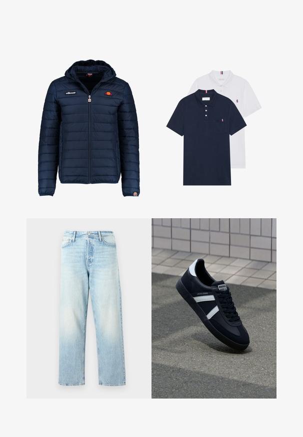 Veste matelassée bleu marine avec capuche, fermeture zippée, coutures en canaux et accents de logo sur la poitrine et la manche. Tissu doux et texturé.; Deux polos : un bleu marine et un blanc, tous deux avec un petit accent rouge, blanc et bleu sur la poche poitrine et le col.; Jean en denim bleu clair avec une coupe droite, finition délavée et couture visible. Dispose d'une fermeture à bouton et zip classique.; Sneaker en cuir noir avec des rayures blanches, semelle en caoutchouc texturée et devant à lacets. Présente une étiquette de marque sur la languette.