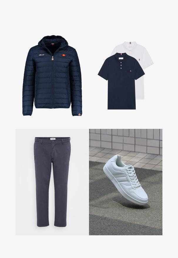 Navy blue puffer jacket with a hood, zip closure, channel stitching, and logo accents on the chest and sleeve. Soft, textured fabric.; Two polo shirts: one navy blue and one white, both with a small red, white, and blue accent on the chest pocket and collar.; Navy blue trousers made of smooth fabric with a slim fit, featuring front pockets, a button closure, and a clean finish at the hem.; White athletic sneaker with smooth leather upper, lace-up front, perforated toe, and patterned sole. Minimalist design with three side stripes.