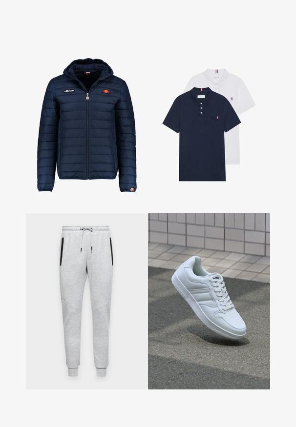 Mornaricnoplava pufasta jakna s kapuljačom, zatvaranje na zip, kanalno šivanje i akcenti s logom na prsima i rukavu. Mekani, teksturirani materijal.; Dva polo majice: jedna tamnoplava i jedna bijela, obje s malim crveno-bijelim-plavim naglaskom na džepu i ovratniku.; Sive hlače od dukserice s vezicom u struku, s bočnim zip džepovima, suženim nogavicama i kontrastnim crnim detaljima na džepovima.; Bijela atletska tenisica s glatkim kožnim gornjim dijelom, vezanjem sprijeda, perforiranim vrhom i uzorkovanim đonom. Minimalistički dizajn s tri bočne pruge.