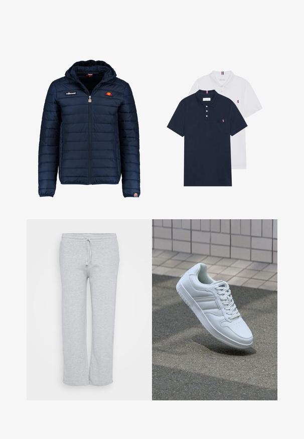 Dunkelblaue Daunenjacke mit Kapuze, Reißverschluss, Kastensteppnähten und Logo-Akzenten auf der Brust und dem Ärmel. Weicher, strukturierter Stoff.; Zwei Poloshirts: eines in marineblau und eines in Weiß, beide mit einem kleinen rot, weiß und blauen Akzent auf der Brusttasche und dem Kragen.; Helle graue Sweatpants aus weichem Stoff, mit einem elastischen Bund und Kordelzug, geradem Bein und seitlichen Taschen.; Weiße sportliche Sneaker mit Obermaterial aus glattem Leder, Schnürfront, durchlöchtem Zehenbereich und gemusterter Sohle. Minimalistisches Design mit drei Seitenstreifen.