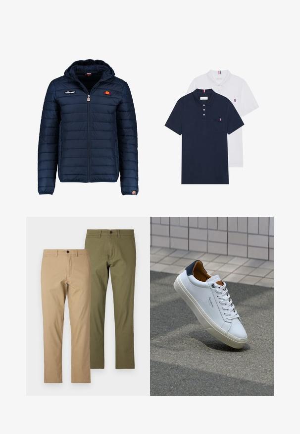 Dunkelblaue Daunenjacke mit Kapuze, Reißverschluss, Kastensteppnähten und Logo-Akzenten auf der Brust und dem Ärmel. Weicher, strukturierter Stoff.; Zwei Poloshirts: eines in marineblau und eines in Weiß, beide mit einem kleinen rot, weiß und blauen Akzent auf der Brusttasche und dem Kragen.; Tan- und olivgrüne Baumwollhose, gerader Schnitt, mit Gürtelschlaufen, Reißverschluss und Knopfverschluss, mit glatter Textur.; Weiße Ledersneaker mit navyfarbenem Fersenbereich, runder Zehenpartie und kontrastierenden braunen Akzenten. Verfügt über flache Schnürsenkel und eine strukturierte Gummisohle.