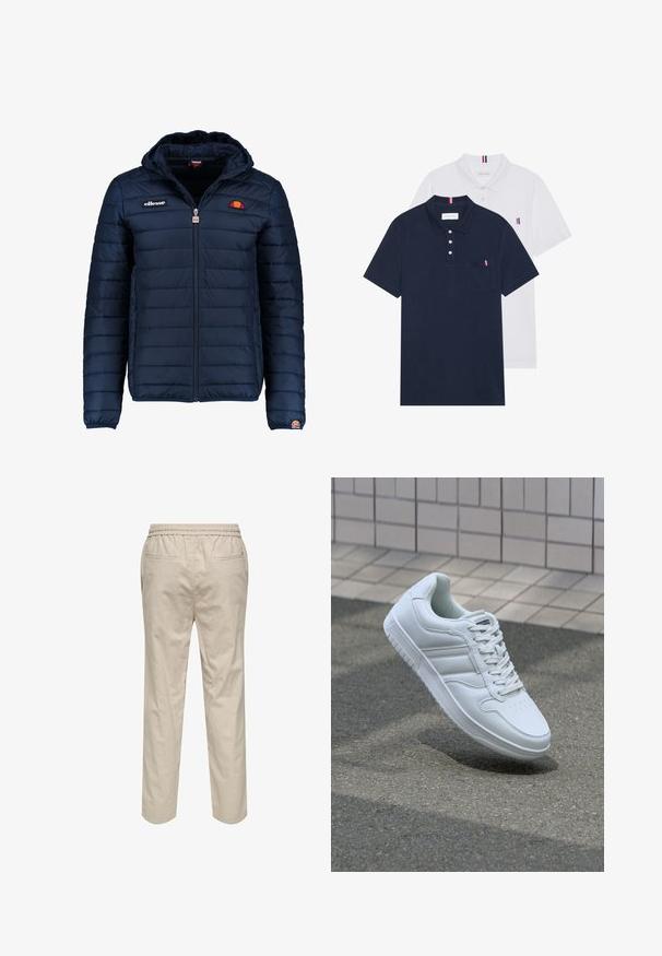 Marineblauwe gewatteerde jas met een capuchon, ritsluiting, kanalenstiksel en logoaccenten op de borst en mouw. Zachte, gestructureerde stof.; Twee polo shirts: één marineblauw en één wit, beide met een kleine rood, wit en blauwe accent op de borstzak en kraag.; Lichtbeige katoenen broeken met een elastische tailleband, twee zijzakken en een rechte pijp. Gladde textuur met minimale details.; Witte sportsneaker met een glad leren bovenwerk, vetersluiting aan de voorkant, geperforeerde neus en een geprofileerde zool. Minimalistisch ontwerp met drie zijstrepen.
