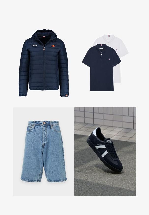 Tengerészkék puffos dzseki kapucnival, cipzáras záródással, csatorna varrással, és logóval díszített mellkassal és ujjakkal. Puha, texturált anyag.; Két pólóing: az egyik sötétkék, a másik fehér, mindkettőn kicsi piros, fehér és kék díszítés található a mellzsebből és a galléron.; Világoskék farmer rövidnadrág, koptatott textúrával. Elöl gombos záródással, övhurkokkal és oldalsó zsebekkel rendelkezik. Erős varrás kiemeli.; Fekete bőr sportcipő fehér csíkokkal, textúrált gumitalppal és fűzős elejével. A nyelvén márkás címke található.