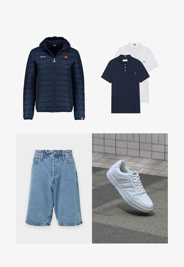 Mörkblå pufferjacka med huva, dragkedjestängning, kanalsömmar och logodetaljer på bröstet och ärmen. Mjuk, texturerad tyg.; Två polo t-shirts: en marinblå och en vit, båda med en liten röd, vit och blå detalj på bröstfickan och kragen.; Denimshorts i ljusblått med en urtvättning. Har en framknäppning, bälteshällor och sidofickor. Kraftig sömnad som accentuerar designen.; Vit atletisk sneakers med slätt läderöverdel, snörning fram, perforerad tå och mönstrad sula. Minimalistisk design med tre sidostycken.