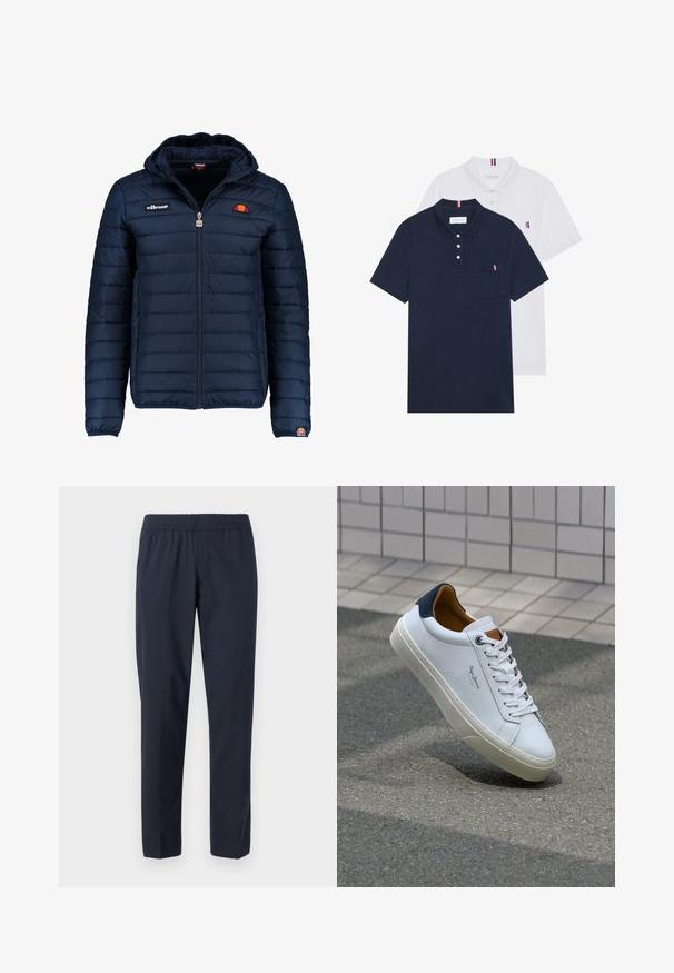 Dunkelblaue Daunenjacke mit Kapuze, Reißverschluss, Kastensteppnähten und Logo-Akzenten auf der Brust und dem Ärmel. Weicher, strukturierter Stoff.; Zwei Poloshirts: eines in marineblau und eines in Weiß, beide mit einem kleinen rot, weiß und blauen Akzent auf der Brusttasche und dem Kragen.; Marineblaue Hose mit elastischem Bund, geraden Beinen, leichtem Stoff und ohne sichtbare Taschen oder Verzierungen.; Weiße Ledersneaker mit navyfarbenem Fersenbereich, runder Zehenpartie und kontrastierenden braunen Akzenten. Verfügt über flache Schnürsenkel und eine strukturierte Gummisohle.