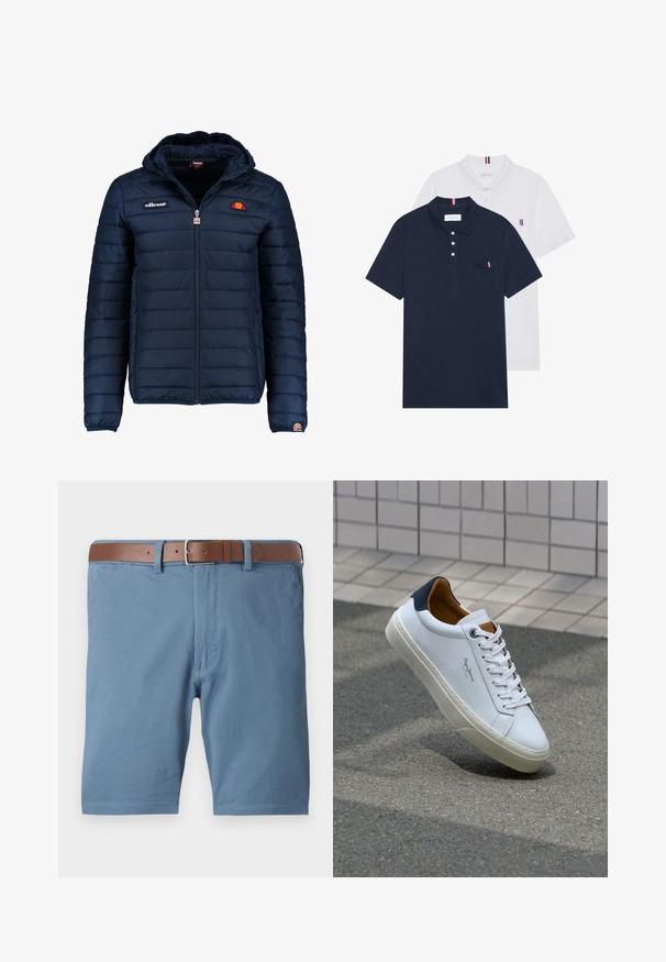 Marineblauwe gewatteerde jas met een capuchon, ritsluiting, kanalenstiksel en logoaccenten op de borst en mouw. Zachte, gestructureerde stof.; Twee polo shirts: één marineblauw en één wit, beide met een kleine rood, wit en blauwe accent op de borstzak en kraag.; Blauwe katoenen shorts met een bruine leren riem, rechte snit, zijzakken en een nette afwerking bij de zomen.; Witte leren sneaker met een marineblauwe hiel, ronde neus en contrasterende bruin accent. Beschikt over platte veters en een gestructureerde rubberen zool.