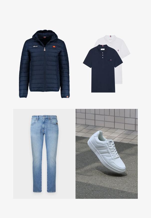 Chaqueta acolchada azul marino con capucha, cierre de cremallera, costuras en canales y acentos de logo en el pecho y la manga. Tejido suave y texturizado.; Dos camisetas polo: una de color azul marino y otra blanca, ambas con un pequeño acento en rojo, blanco y azul en el bolsillo del pecho y el cuello.; Jeans de mezclilla azul claro con un diseño de pierna recta, que cuentan con cinco bolsillos, botón de metal y un sutil detalle de desgaste en los muslos.; Zapatilla atlética blanca con parte superior de cuero suave, cierre de cordones en el frente, puntera perforada y suela con patrón. Diseño minimalista con tres rayas laterales.