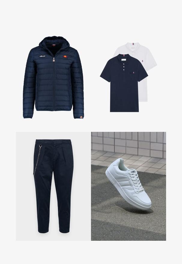 Giubbotto imbottito blu navy con cappuccio, chiusura con zip, cuciture a canale e dettagli con logo sul petto e sulla manica. Tessuto morbido e testurizzato.; Due polo shirt: uno blu navy e uno bianco, entrambi con un piccolo accento rosso, bianco e blu sulla tasca del petto e sul colletto.; Redefined Rebel LEE CROPPED - Pantaloni - sky captain; Sneaker sportivo bianco con tomaia in pelle liscia, chiusura con lacci, punta perforata e suola decorata. Design minimalista con tre strisce laterali.