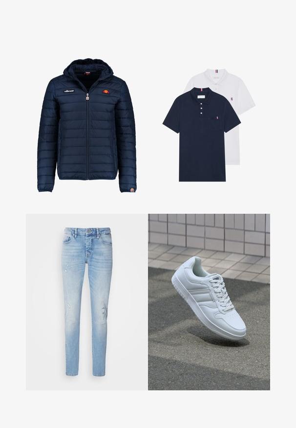 Giubbotto imbottito blu navy con cappuccio, chiusura con zip, cuciture a canale e dettagli con logo sul petto e sulla manica. Tessuto morbido e testurizzato.; Due polo shirt: uno blu navy e uno bianco, entrambi con un piccolo accento rosso, bianco e blu sulla tasca del petto e sul colletto.; Jeans in denim azzurro chiaro con vestibilità slim, caratterizzati da dettagli strappati e un classico design a cinque tasche. Orlo arrotondato e chiusura con bottone metallico.; Sneaker sportivo bianco con tomaia in pelle liscia, chiusura con lacci, punta perforata e suola decorata. Design minimalista con tre strisce laterali.