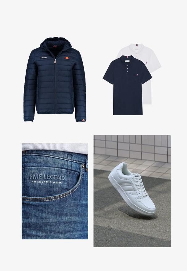 Marineblauwe gewatteerde jas met een capuchon, ritsluiting, kanalenstiksel en logoaccenten op de borst en mouw. Zachte, gestructureerde stof.; Twee polo shirts: één marineblauw en één wit, beide met een kleine rood, wit en blauwe accent op de borstzak en kraag.; Denim jeans met een blauwe wassing, met een achterzaklabel dat "PME LEGEND AMERICAN CLASSIC" in witte tekst is geperst. Soepele textuur.; Witte sportsneaker met een glad leren bovenwerk, vetersluiting aan de voorkant, geperforeerde neus en een geprofileerde zool. Minimalistisch ontwerp met drie zijstrepen.