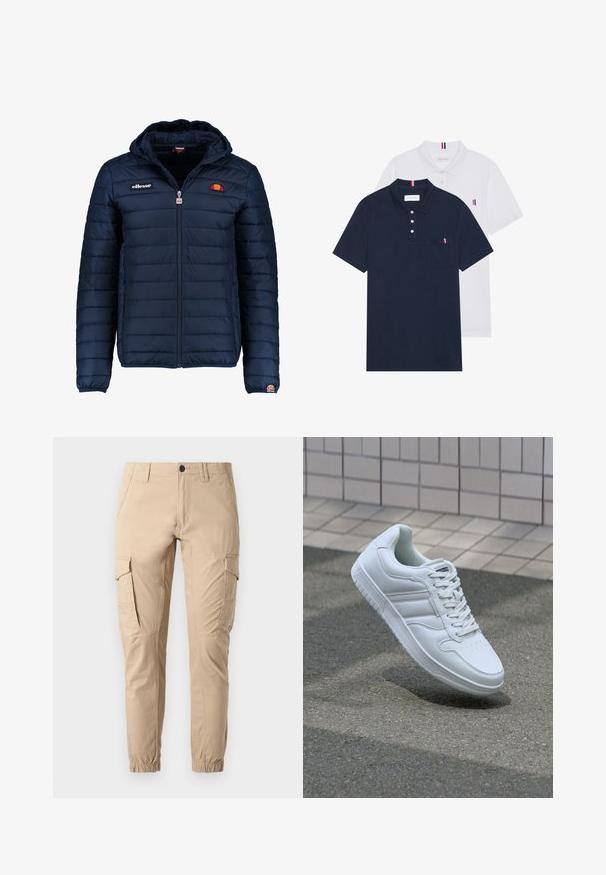 Námornícky modrá prešívaná bunda s kapucňou, zipsom, kanálovým prešívaním a logovými akcentmi na hrudi a rukáve. Mäkkučká, textúrovaná tkanina.; Dvoje polo tričiek: jedno námornícky modré a jedno biele, obidve s malým červeným, bielym a modrým akcentom na vrecku a golieri.; Béžové bavlnené cargo nohavice s viacerými bočnými vreckami, elastickými manžetami a mierne zúženým strihom. Hladká textúra s detailmi zošitých švov.; Biele atletické tenisky s hladkým koženým zvrškom, šnurovaním vpredu, perforovanou špičkou a vzorovanou podrážkou. Minimalistický dizajn s tromi bočnými pruhmi.
