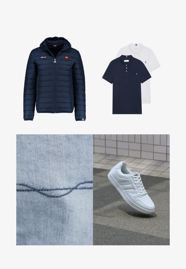 Tamsiai mėlynas pūkinis švarkas su gobtuvu, užtrauktuku, kanalų siuvimu ir logotipo akcentais krūtinėje bei rankovėje. Minkšta, tekstūruota medžiaga.; Du keturių marškiniai: vienas tamsiai mėlynas ir vienas baltas, abu su mažais raudonais, baltais ir mėlynais akcentais ant krūtinės kišenės ir apykaklės.; Šviesiai mėlynas džinsinis audinys su matomu išlinkimu. Tekstūra atrodo lygi, su nuosekliai siūtomis tamsiai mėlynomis siūlėmis.; Baltos sportinės kedai su lygaus odos viršumi, raišteliais priekyje, perforuotu kojų pirštu ir raštuotu padu. Minimalistinis dizainas su trimis šoninėmis juostelėmis.