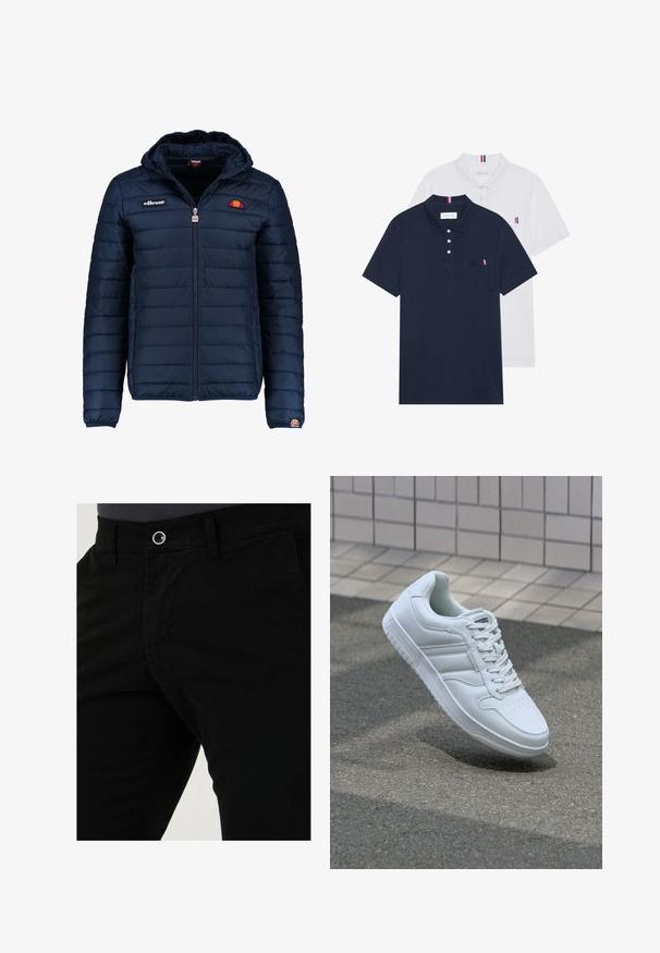Tengerészkék puffos dzseki kapucnival, cipzáras záródással, csatorna varrással, és logóval díszített mellkassal és ujjakkal. Puha, texturált anyag.; Két pólóing: az egyik sötétkék, a másik fehér, mindkettőn kicsi piros, fehér és kék díszítés található a mellzsebből és a galléron.; Fekete pamut nadrág, karcsú szabással, elülső zsebekkel és egy gombos záródással a deréknál. Simább textúra minimális díszítéssel.; Fehér sportcipő sima bőr felsőrésszel, fűzős elülettel, perforált orral és mintázott talppal. Minimalista dizájn három oldalsávval.