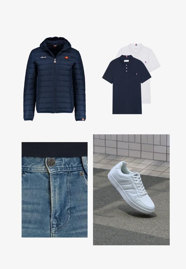Veste matelassée bleu marine avec capuche, fermeture zippée, coutures en canaux et accents de logo sur la poitrine et la manche. Tissu doux et texturé.; Deux polos : un bleu marine et un blanc, tous deux avec un petit accent rouge, blanc et bleu sur la poche poitrine et le col.; Jean en denim présentant un lavage bleu clair, des coutures blanches contrastantes et une fermeture à bouton en métal à la taille. Gros plan sur la texture du tissu.; Baskets blanches de sport avec une tige en cuir lisse, un laçage à l'avant, une pointe perforée et une semelle à motifs. Design minimaliste avec trois bandes latérales.