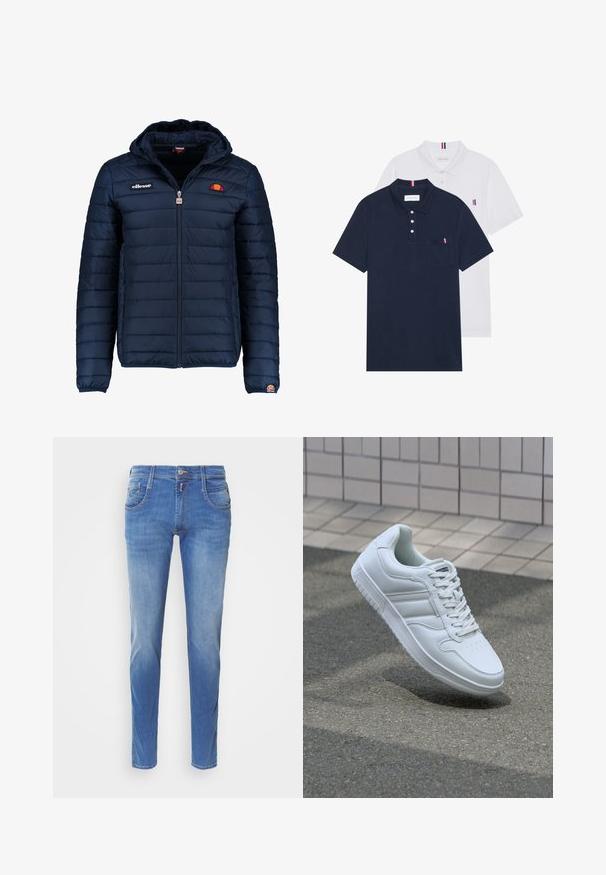 Granatowa kurtka puchowa z kapturem, zapinana na zamek, z przeszyciami w kształcie kanałów oraz akcentami loga na piersi i rękawie. Miękka, teksturowana tkanina.; Dwa koszulki polo: jedna granatowa, a druga biała, obie z małym akcentem w kolorach czerwonym, białym i niebieskim na kieszeni na piersi oraz kołnierzyku.; Niebieskie dżinsy o slim fit. Posiadają pięć kieszeni, z przodu zapięcie na guzik oraz jasne przetarcia na nogawkach. Prosty krój nogawki.; Białe sportowe trampki z gładkiej skóry, z zapięciem na sznurowadła, perforowanym noskiem i wzorzystą podeszwą. Minimalistyczny design z trzema paskami po bokach.
