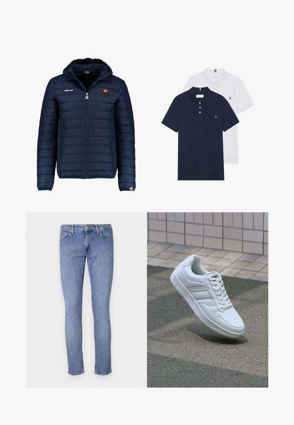 Námořnická modrá péřová bunda s kapucí, zipovým zapínáním, prošívaným vzorem a logem na hrudi a rukávu. Měkká, texturovaná látka.; Dvě polo trička: jedno námořnické modré a jedno bílé, obě s malým červeným, bílým a modrým akcentem na kapse a límci.; Svetle modré džíny s úzkým střihem. Obsahují pět kapes, zapínání na přední knoflík a minimální švy. Hladká textura.; Bílé sportovní tenisky s hladkým koženým svrškem, šněrovacím předním dílem, perforovanou špičkou a vzorovanou podrážkou. Minimalistický design se třemi bočními pruhy.