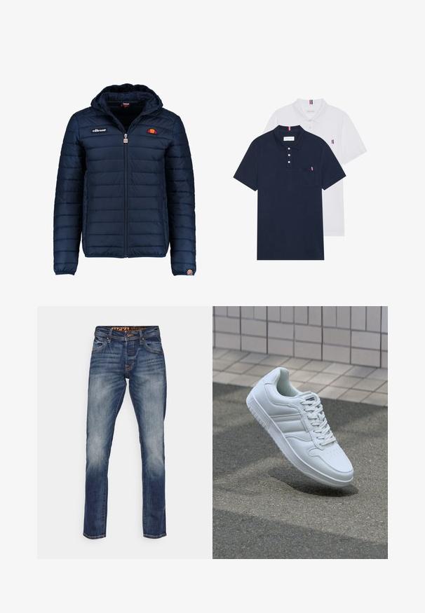 Chaqueta acolchada azul marino con capucha, cierre de cremallera, costuras en canales y acentos de logo en el pecho y la manga. Tejido suave y texturizado.; Dos camisetas polo: una de color azul marino y otra blanca, ambas con un pequeño acento en rojo, blanco y azul en el bolsillo del pecho y el cuello.; Vaqueros de denim azul con un corte recto, ligero desgaste, costuras naranjas y una cinturilla con marca. Diseño de cinco bolsillos.; Zapatilla atlética blanca con parte superior de cuero suave, cierre de cordones en el frente, puntera perforada y suela con patrón. Diseño minimalista con tres rayas laterales.