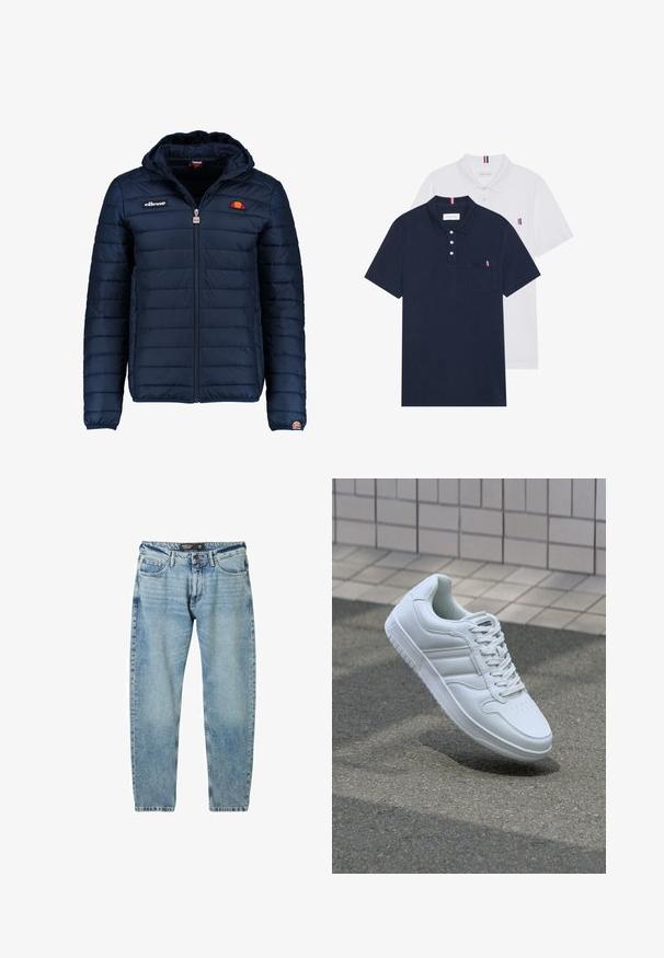 Mornaricnoplava pufasta jakna s kapuljačom, zatvaranje na zip, kanalno šivanje i akcenti s logom na prsima i rukavu. Mekani, teksturirani materijal.; Dva polo majice: jedna tamnoplava i jedna bijela, obje s malim crveno-bijelim-plavim naglaskom na džepu i ovratniku.; Svijetloplave traperice s ležernim krojem, dizajnom s pet džepova i kontrastnim šavovima. Imaju kopčanje na gumb i ravni rez.; Bijela atletska tenisica s glatkim kožnim gornjim dijelom, vezanjem sprijeda, perforiranim vrhom i uzorkovanim đonom. Minimalistički dizajn s tri bočne pruge.