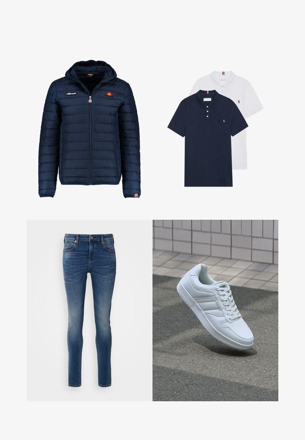 Námornícky modrá prešívaná bunda s kapucňou, zipsom, kanálovým prešívaním a logovými akcentmi na hrudi a rukáve. Mäkkučká, textúrovaná tkanina.; Dvoje polo tričiek: jedno námornícky modré a jedno biele, obidve s malým červeným, bielym a modrým akcentom na vrecku a golieri.; Slim-fit džínsy v tmavomodrom denime. Majú päť vreciek, pútka na opasok a jemné vyblednutie. Šité detaily v kontrastnej hnedej niťi.; Biele atletické tenisky s hladkým koženým zvrškom, šnurovaním vpredu, perforovanou špičkou a vzorovanou podrážkou. Minimalistický dizajn s tromi bočnými pruhmi.