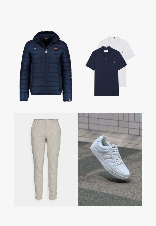 Dunkelblaue Daunenjacke mit Kapuze, Reißverschluss, Kastensteppnähten und Logo-Akzenten auf der Brust und dem Ärmel. Weicher, strukturierter Stoff.; Zwei Poloshirts: eines in marineblau und eines in Weiß, beide mit einem kleinen rot, weiß und blauen Akzent auf der Brusttasche und dem Kragen.; Beige maßgeschneiderte Hose aus leichtem Stoff, mit einem vorderen Knopfverschluss, zwei seitlichen Taschen und einem Slim-Fit-Design.; Weiße sportliche Sneaker mit Obermaterial aus glattem Leder, Schnürfront, durchlöchtem Zehenbereich und gemusterter Sohle. Minimalistisches Design mit drei Seitenstreifen.