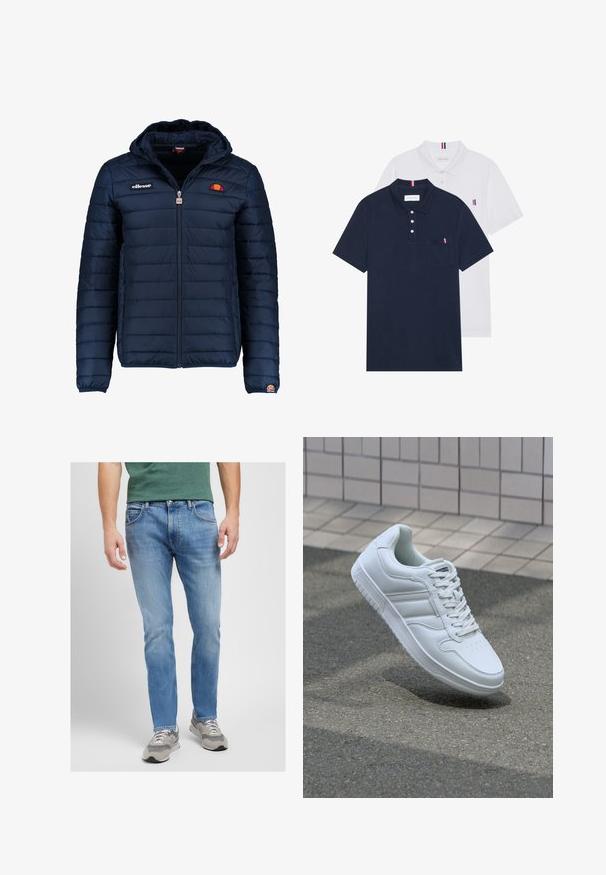 Chaqueta acolchada azul marino con capucha, cierre de cremallera, costuras en canales y acentos de logo en el pecho y la manga. Tejido suave y texturizado.; Dos camisetas polo: una de color azul marino y otra blanca, ambas con un pequeño acento en rojo, blanco y azul en el bolsillo del pecho y el cuello.; Jeans de mezclilla azul claro con corte recto, con cinco bolsillos, costuras en contraste y un acabado desgastado. Combinados con zapatillas grises.; Zapatilla atlética blanca con parte superior de cuero suave, cierre de cordones en el frente, puntera perforada y suela con patrón. Diseño minimalista con tres rayas laterales.