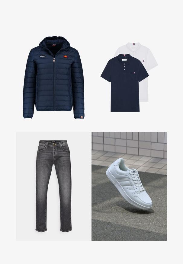 Tamsiai mėlynas pūkinis švarkas su gobtuvu, užtrauktuku, kanalų siuvimu ir logotipo akcentais krūtinėje bei rankovėje. Minkšta, tekstūruota medžiaga.; Du keturių marškiniai: vienas tamsiai mėlynas ir vienas baltas, abu su mažais raudonais, baltais ir mėlynais akcentais ant krūtinės kišenės ir apykaklės.; Tamsiai pilkos džinsinės kelnės su tiesia pjaustytute, turinčios klasikinį penkių kišenių dizainą ir subtilų blukimą. Metalinė sagčių ir užtrauktuko uždarymo sistema.; Baltos sportinės kedai su lygaus odos viršumi, raišteliais priekyje, perforuotu kojų pirštu ir raštuotu padu. Minimalistinis dizainas su trimis šoninėmis juostelėmis.