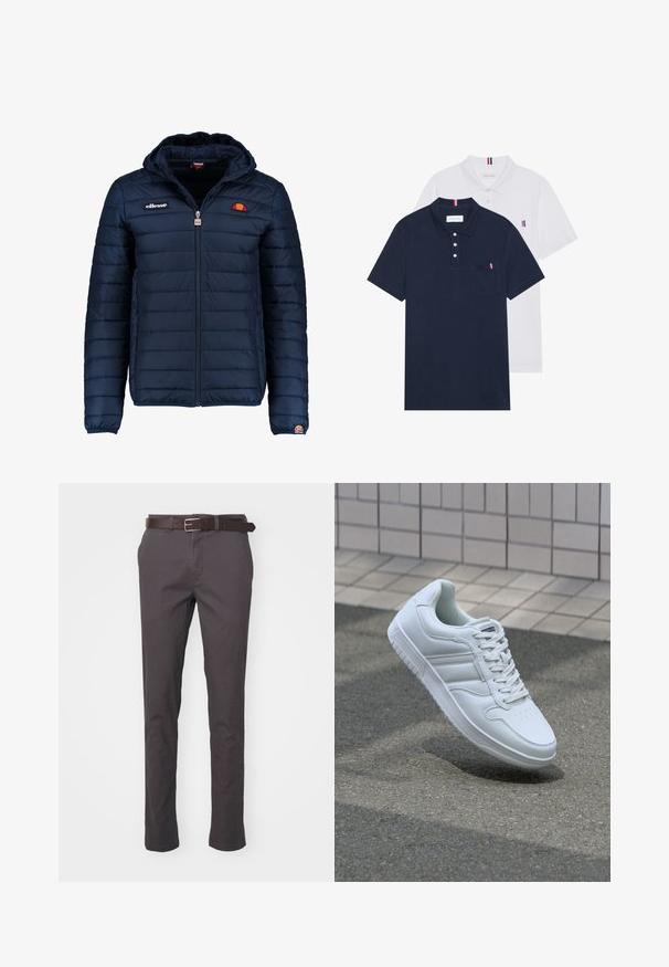 Giubbotto imbottito blu navy con cappuccio, chiusura con zip, cuciture a canale e dettagli con logo sul petto e sulla manica. Tessuto morbido e testurizzato.; Due polo shirt: uno blu navy e uno bianco, entrambi con un piccolo accento rosso, bianco e blu sulla tasca del petto e sul colletto.; Pantaloni in cotone grigi con una vestibilità slim, dotati di una cintura in pelle marrone e tasche standard, progettati per un look casual.; Sneaker sportivo bianco con tomaia in pelle liscia, chiusura con lacci, punta perforata e suola decorata. Design minimalista con tre strisce laterali.