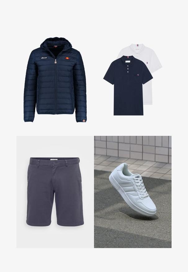 Mörkblå pufferjacka med huva, dragkedjestängning, kanalsömmar och logodetaljer på bröstet och ärmen. Mjuk, texturerad tyg.; Två polo t-shirts: en marinblå och en vit, båda med en liten röd, vit och blå detalj på bröstfickan och kragen.; Mörkgrå herrshorts i lättviktstyg, med knäppning, bälteshällor och en enkel design utan synliga mönster.; Vit atletisk sneakers med slätt läderöverdel, snörning fram, perforerad tå och mönstrad sula. Minimalistisk design med tre sidostycken.