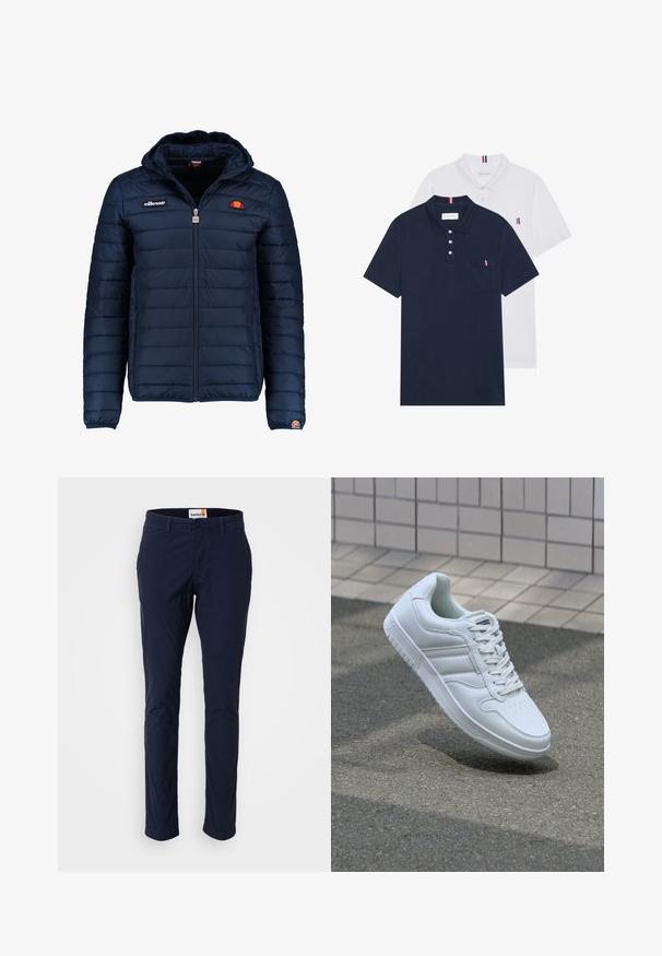 Navy blue puffer jacket with a hood, zip closure, channel stitching, and logo accents on the chest and sleeve. Soft, textured fabric.; Two polo shirts: one navy blue and one white, both with a small red, white, and blue accent on the chest pocket and collar.; Navy blue chinos made of cotton with a straight leg design, featuring a button closure, belt loops, and side pockets.; White athletic sneaker with smooth leather upper, lace-up front, perforated toe, and patterned sole. Minimalist design with three side stripes.