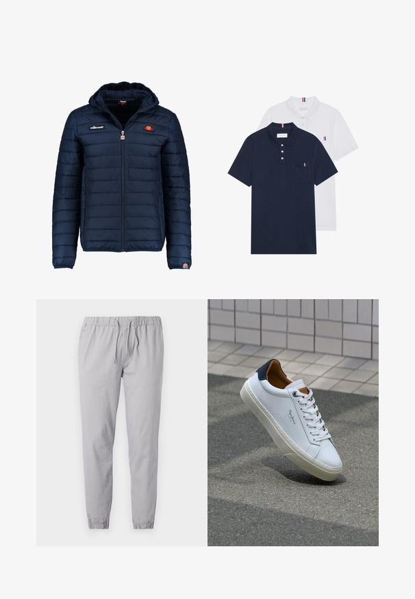 Marineblå puffjakke med hette, glidelås, kanalsøm og logoaksenter på brystet og ermet. Mykt, teksturert stoff.; To polo skjorter: en marineblå og en hvit, begge med en liten rød, hvit og blå aksent på brystlommen og kragen.; Lys grå joggebukser laget av myk stoff, med elastisk midjebånd med snøring, og smalnende mansjetter med samlet finish.; Hvit lærsneaker med marineblå hæl, rund tå og kontrasterende brune detaljer. Har flate lisser og teksturert gummisåle.