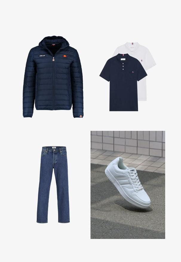 Tummansininen puhvitakki, jossa on huppu, vetoketjukiinnitys, kanavapistoilu ja logoteemaiset yksityiskohdat rinnassa ja hihassa. Pehmeä, teksturoitu kangas.; Kaksi polo-paitaa: yksi tummansininen ja yksi valkoinen, molemmissa pieni punainen, valkoinen ja sininen yksityiskohta rintataskussa ja kauluksessa.; Tummansininen farkkuhousut, joissa on suora lahje, näkyvä ompelu ja viisitaskumalli; varustettu vetskalla ja nahkasuojuksella.; Valkoiset urheilukengät, joissa on sileä nahkapinta, nauhakiinnitys edessä, rei'itetty kärki ja kuvioitu pohja. Minimalistinen muotoilu, jossa on kolme sivuraitaa.