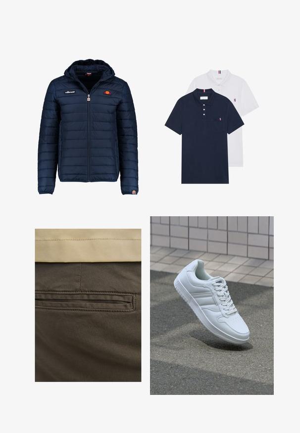 Granatowa kurtka puchowa z kapturem, zapinana na zamek, z przeszyciami w kształcie kanałów oraz akcentami loga na piersi i rękawie. Miękka, teksturowana tkanina.; Dwa koszulki polo: jedna granatowa, a druga biała, obie z małym akcentem w kolorach czerwonym, białym i niebieskim na kieszeni na piersi oraz kołnierzyku.; Brązowe bawełniane spodnie z widoczną tylną kieszenią, podkreślone subtelnymi przeszyciami i gładką teksturą. Pas ma kontrastowy beżowy kolor.; Białe sportowe trampki z gładkiej skóry, z zapięciem na sznurowadła, perforowanym noskiem i wzorzystą podeszwą. Minimalistyczny design z trzema paskami po bokach.