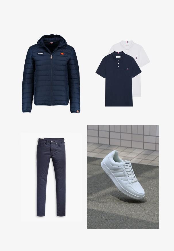 Marineblå puffjakke med hette, glidelås, kanalsøm og logoaksenter på brystet og ermet. Mykt, teksturert stoff.; To polo skjorter: en marineblå og en hvit, begge med en liten rød, hvit og blå aksent på brystlommen og kragen.; Marineblå bomullsbukser med rett snitt, som har fem lommer, glidelås og metallknapplukking. Glatt tekstur og enkel design.; Hvit atletisk sneaker med glatt skinnoverside, snøring foran, perforert tå og mønstrets såle. Minimalistisk design med tre side-striper.