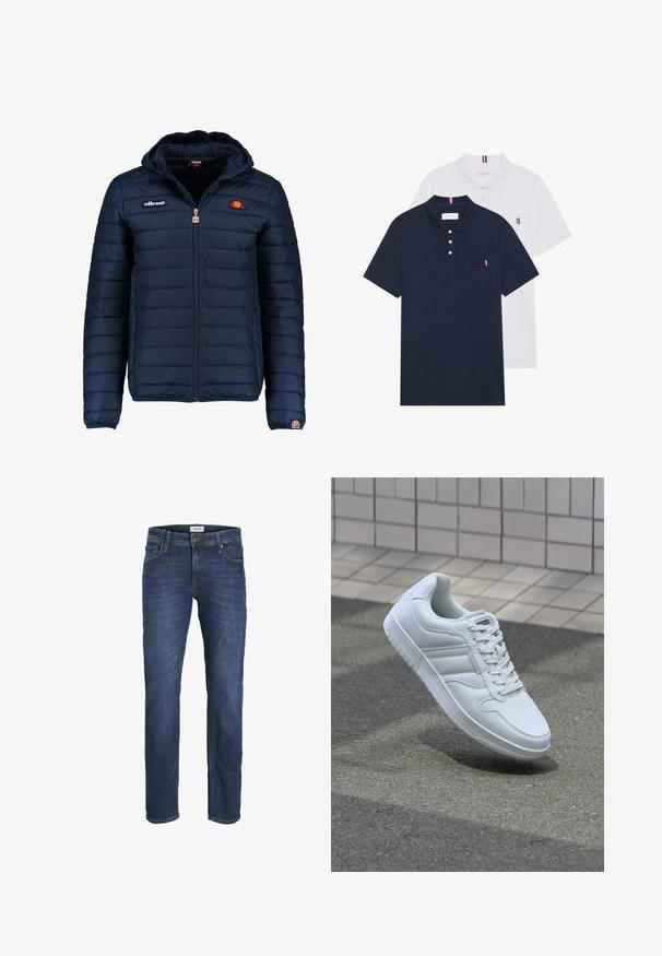 Giubbotto imbottito blu navy con cappuccio, chiusura con zip, cuciture a canale e dettagli con logo sul petto e sulla manica. Tessuto morbido e testurizzato.; Due polo shirt: uno blu navy e uno bianco, entrambi con un piccolo accento rosso, bianco e blu sulla tasca del petto e sul colletto.; Jeans in denim blu scuro con vestibilità dritta, design a cinque tasche e dettagli di cucitura visibili. Chiusura classica con bottone e zip.; Sneaker sportivo bianco con tomaia in pelle liscia, chiusura con lacci, punta perforata e suola decorata. Design minimalista con tre strisce laterali.