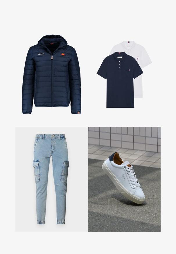 Chaqueta acolchada azul marino con capucha, cierre de cremallera, costuras en canales y acentos de logo en el pecho y la manga. Tejido suave y texturizado.; Dos camisetas polo: una de color azul marino y otra blanca, ambas con un pequeño acento en rojo, blanco y azul en el bolsillo del pecho y el cuello.; Pantalones cargo de mezclilla azul claro con dos bolsillos laterales, piernas ajustadas y puños elásticos. Presenta un ligero desgaste y detalles de costura.; Zapatilla de cuero blanca con talón en azul marino, punta redonda y acentos en marrón a contraste. Presenta cordones planos y suela de goma texturizada.