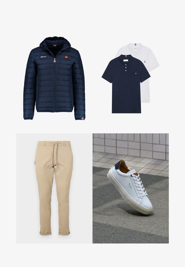 Námornícky modrá prešívaná bunda s kapucňou, zipsom, kanálovým prešívaním a logovými akcentmi na hrudi a rukáve. Mäkkučká, textúrovaná tkanina.; Dvoje polo tričiek: jedno námornícky modré a jedno biele, obidve s malým červeným, bielym a modrým akcentom na vrecku a golieri.; Béžové nohavice sťahované na šnúrku, so zúženým strihom, s bočnými vreckami a manžetami na spodnej strane pre elegantný vzhľad. Vyrobené z ľahkého materiálu.; Biele kožené tenisky s námorníckym opätkom, okrúhlou špičkou a kontrastnými hnedými akcentami. Majú ploché šnúrky a textúrovanú gumovú podrážku.