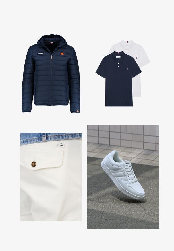 Tums zilā puffer jaka ar kapuci, rāvējslēdzēja aizdare, kanālu šuvēm un logotipa akcentiem uz krūtīm un piedurknēm. Mīksta, teksturēta auduma.; Divas polo kreklu komplekts: viens tumši zils un viens balts, abi ar mazu sarkanu, baltu un zilu akcentu uz krūšu kabatas un apkakles.; Baltas kokvilnas šorts ar priekšējo kabatu, ar brūnu pogu un mazu JACK & JONES etiķeti netālu no jostasvietas.; Balti sporta apavi ar gludu ādas virsu, sasienamais priekšpuse, perforēts purngals un rakstaina zole. Minimālisma dizains ar trim sānu svītrām.