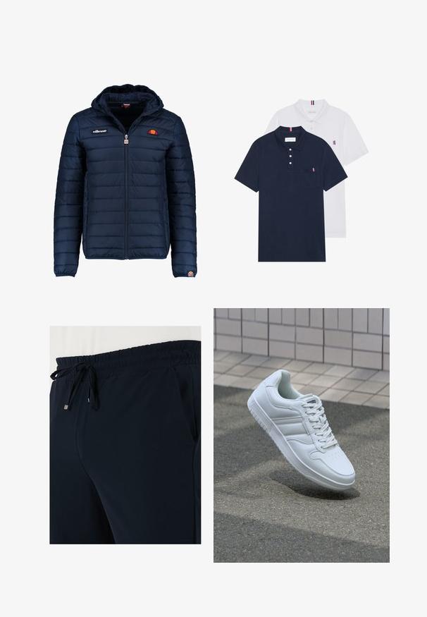 Tums zilā puffer jaka ar kapuci, rāvējslēdzēja aizdare, kanālu šuvēm un logotipa akcentiem uz krūtīm un piedurknēm. Mīksta, teksturēta auduma.; Divas polo kreklu komplekts: viens tumši zils un viens balts, abi ar mazu sarkanu, baltu un zilu akcentu uz krūšu kabatas un apkakles.; Jūras zila sporta bikses ar elastīgu jostu, regulējamu auklu un sānu kabatām, izgatavotas no mīksta, viegla auduma.; Balti sporta apavi ar gludu ādas virsu, sasienamais priekšpuse, perforēts purngals un rakstaina zole. Minimālisma dizains ar trim sānu svītrām.