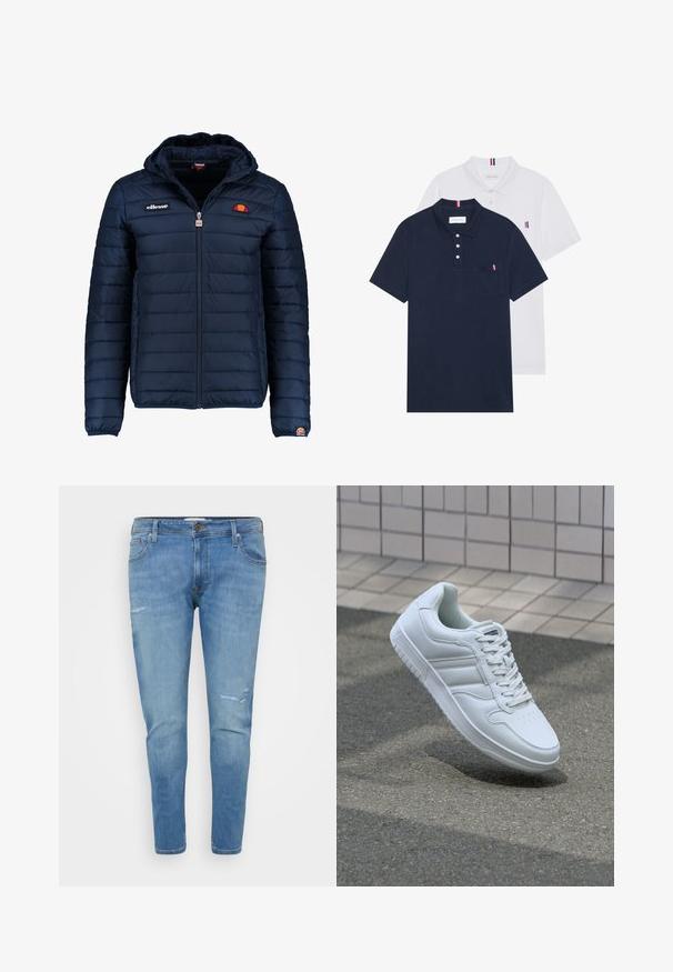 Chaqueta acolchada azul marino con capucha, cierre de cremallera, costuras en canales y acentos de logo en el pecho y la manga. Tejido suave y texturizado.; Dos camisetas polo: una de color azul marino y otra blanca, ambas con un pequeño acento en rojo, blanco y azul en el bolsillo del pecho y el cuello.; Vaqueros de mezclilla azul claro con un diseño ajustado, que presentan un desgaste en la rodilla y un estilo clásico de cinco bolsillos. Cierre de botón en la cintura.; Zapatilla atlética blanca con parte superior de cuero suave, cierre de cordones en el frente, puntera perforada y suela con patrón. Diseño minimalista con tres rayas laterales.