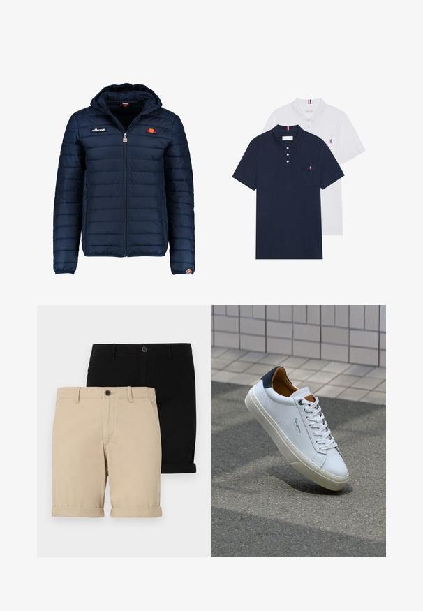 Veste matelassée bleu marine avec capuche, fermeture zippée, coutures en canaux et accents de logo sur la poitrine et la manche. Tissu doux et texturé.; Deux polos : un bleu marine et un blanc, tous deux avec un petit accent rouge, blanc et bleu sur la poche poitrine et le col.; Deux paires de shorts roulés : une beige et une noire, en tissu lisse, avec un bouton à l'avant et un design classique.; Sneaker en cuir blanc avec un talon bleu marine, bout rond et accents marron contrastés. Dispose de lacets plats et d'une semelle en caoutchouc texturée.