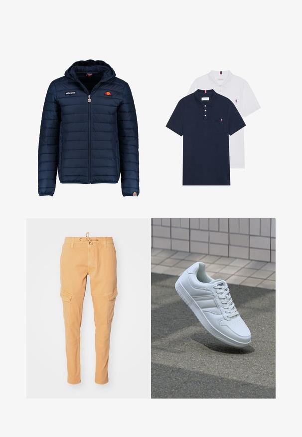 Námořnická modrá péřová bunda s kapucí, zipovým zapínáním, prošívaným vzorem a logem na hrudi a rukávu. Měkká, texturovaná látka.; Dvě polo trička: jedno námořnické modré a jedno bílé, obě s malým červeným, bílým a modrým akcentem na kapse a límci.; Béžové cargo kalhoty s pružným pasem, zúženými nohavicemi a dvěma bočními kapsami na každé nohavici, vyrobené z měkké bavlny.; Bílé sportovní tenisky s hladkým koženým svrškem, šněrovacím předním dílem, perforovanou špičkou a vzorovanou podrážkou. Minimalistický design se třemi bočními pruhy.