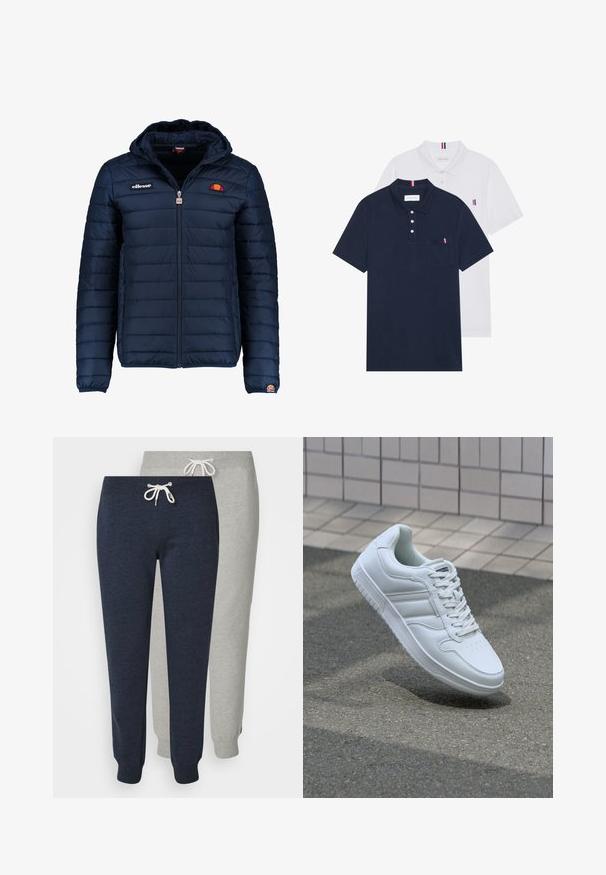Marineblauwe gewatteerde jas met een capuchon, ritsluiting, kanalenstiksel en logoaccenten op de borst en mouw. Zachte, gestructureerde stof.; Twee polo shirts: één marineblauw en één wit, beide met een kleine rood, wit en blauwe accent op de borstzak en kraag.; Twee paar joggers: één marineblauw en één lichtgrijs. Gemaakt van zacht materiaal, met elastische boorden en een trekkoord in de taille.; Witte sportsneaker met een glad leren bovenwerk, vetersluiting aan de voorkant, geperforeerde neus en een geprofileerde zool. Minimalistisch ontwerp met drie zijstrepen.